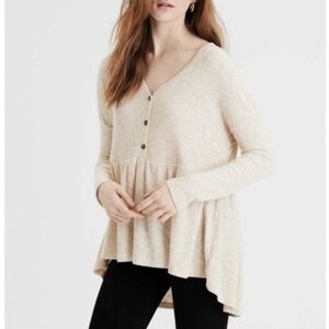 American Eagle Y2K Babydoll Henley Blouse Top Boho Beige Ribbed Stretchy Large